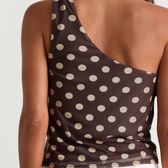 Lulus Saskia Chocolate Brown Polka Dot Mesh One-shoulder Top - Size M - Picture 3 of 4